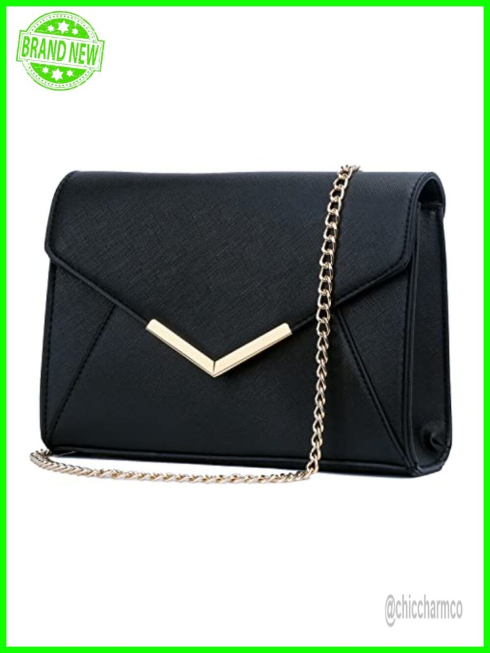 Faux Saffiano Leather Evening Clutch with Chain Strap